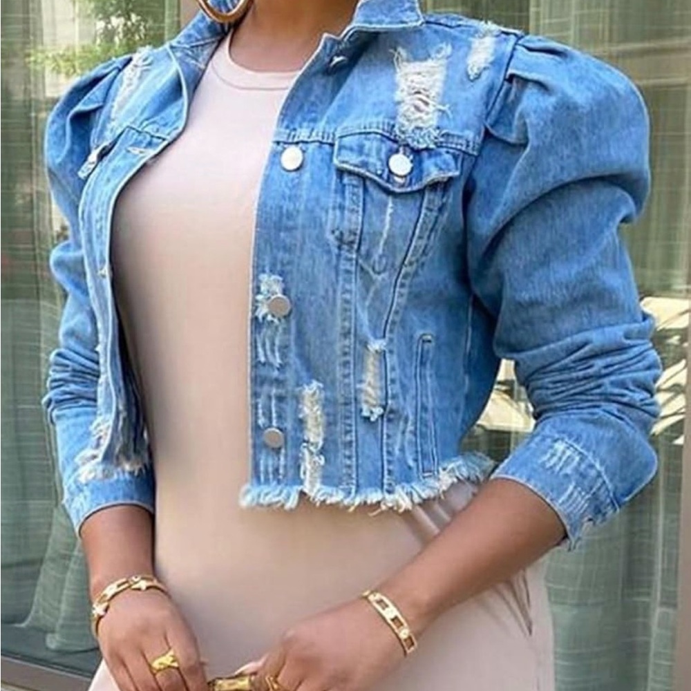 Women's Blue Denim Puff Sleeve Jacket size Large